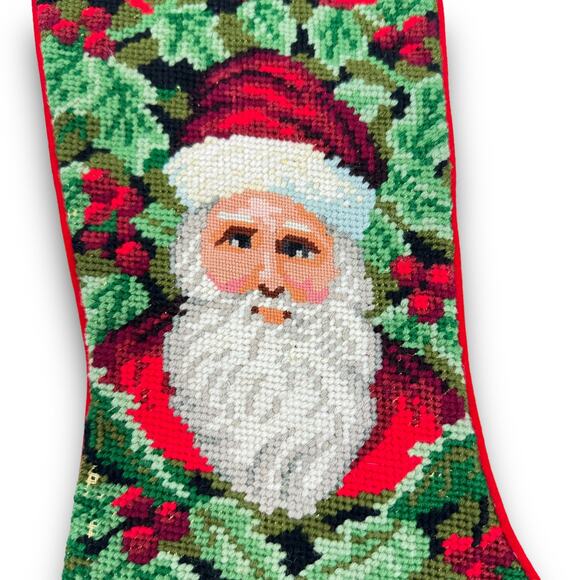 Handmade Vintage Needlepoint Needlework Christmas Stocking Santa Face Wool ? - Picture 2 of 5